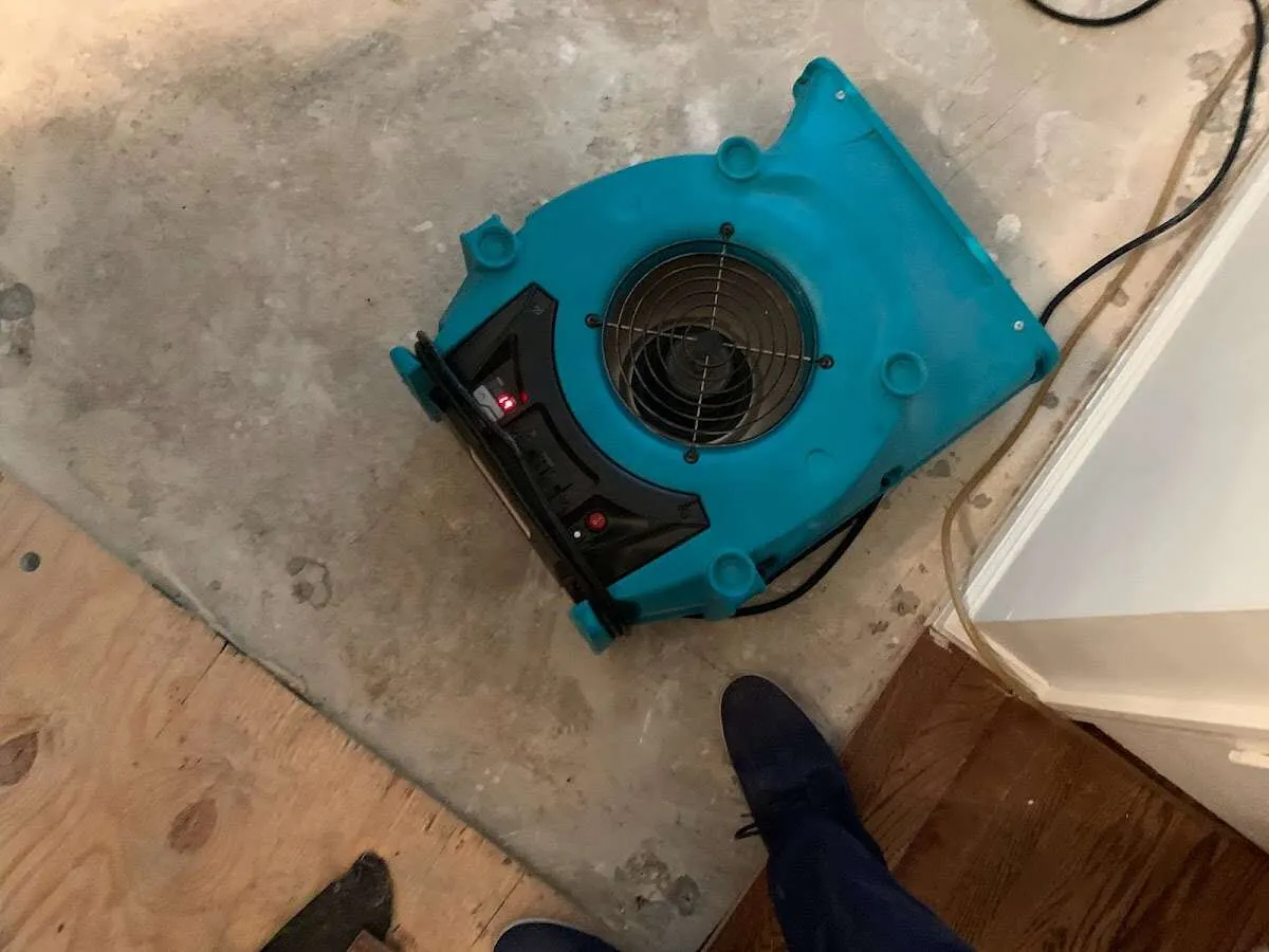 Air mover drying subfloor during Commercial Water Damage Restoration in New Smyrna Beach